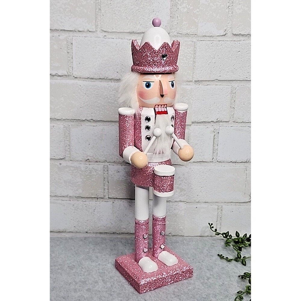 Pink White Drummer King Guard Nutcracker Glitter‎ Wooden 14" Christmas NEW